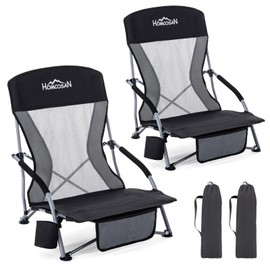 Homcosan Portable Low Folding Beach Chair - Lightweight Camping Chair for Adults with Cup Holder & Storage Pocket, Carry Bag Included (Black & Gray)