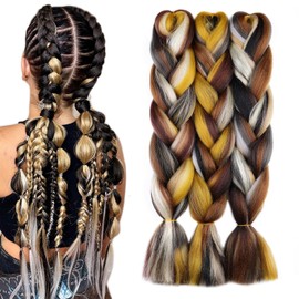 Brown Pre stretched Braiding Hair Multi Color Braiding Hair Extensions 24inch Ombre Braiding Hair Synthetic Hair Extensions 3Pcs #black-brown-blonde-yellow-grey