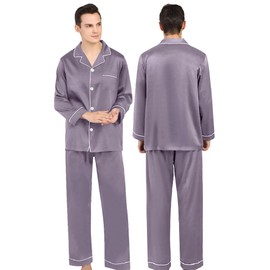 SWOMOG Couples Matching Silk Satin Pajamas Set Long Sleeve Sleepwear Soft Button Down Loungewear 2 Pcs Pj Set(Men Chestnut Medium)