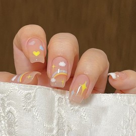 Medium Length Press On Rainbow Heart Acrylic Nails - 24 Pcs Kit for Women Girls, Glue On Nails with Full Coverage