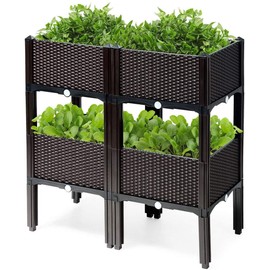 GRAFFY Set of 4 Raised Garden Bed Kits, Elevated Garden Beds with Self-Watering Design, Raised Garden Boxes for Flowers Vegetables and Herbs, Planting Box Container for Patio Yard Balcony (Brown)