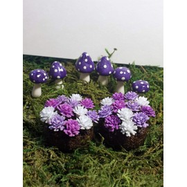 Fairy Garden Accessories. Set of 8. Purple Miniature Mushrooms and Flowers.