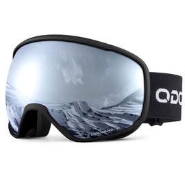 Odoland Ski Goggles Adult Ski Goggles for Men and Women, Spherical Snowboard Goggles UV Protection Compatible Helmet Anti Fog for Skiing Mirrored Black + Silver