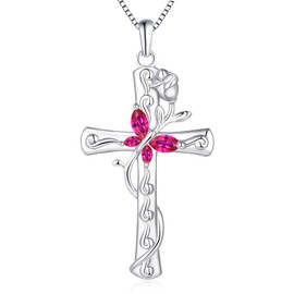 YL Butterfly Cross Necklace Sterling Silver Cubic Zirconia Rose Pendant Created Ruby Crucifix Jewelry for Women
