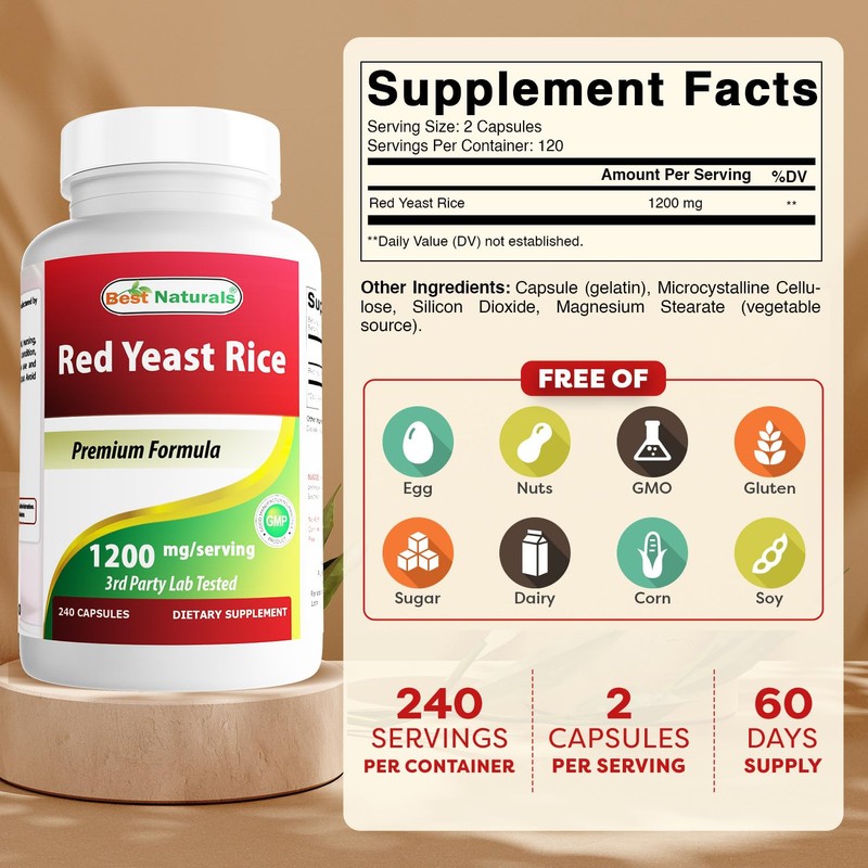 Best Naturals Red Yeast Rice 1200mg Per Serving 240 Capsules