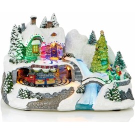 Premier Large LED Light Up Christmas Animated Traditional Village Snow Scene with Three Rotating Turntables - Santa & Train