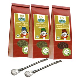 Organic Mate Set, 3 x 250 g - Green Chimarrao, Roasted Medium Cut & Green Medium Cut Including 2 x Bombilla Free - from the Brazilian Family Business - Peppermintman