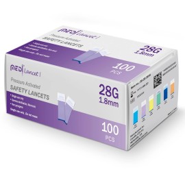 Medt Pressure Activated Safety Lancets 28G x 1.8mm, Gamma Ray Sterilized, Pack-100