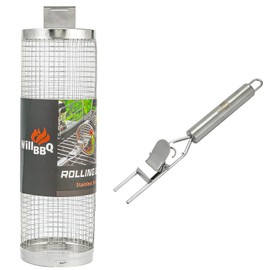 WillBBQ Premium BBQ Rotating Basket – Food-Safe Stainless Steel, Removable Handle for Easy Turning & Cleaning