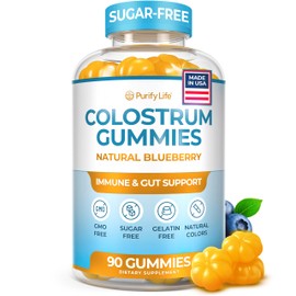 Purify Life Sugar-Free Colostrum Gummies (1500mg) Bovine Colostrum for Humans, Grass-Fed Supplement for Gut Health, Leaky Gut Repair, Immune Support, Skin Health - 35% IgG Per Serving