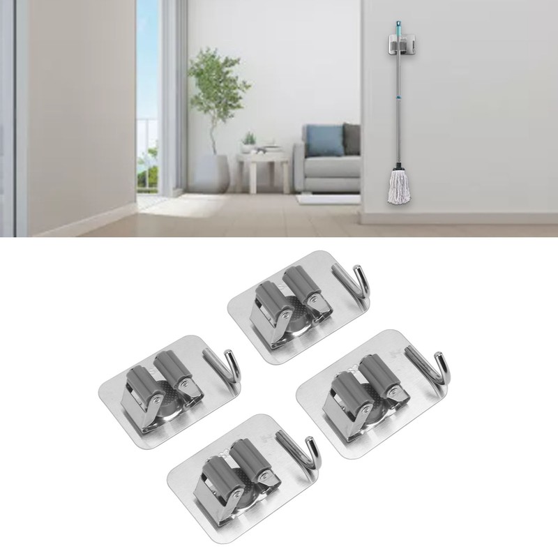 4Pcs Silver Mop Broom Holder with Hook Wall Mounted 304