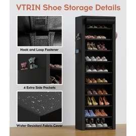VTRIN Vertical Narrow Shoe Rack Organizer Tall Shoe Rack for Closet Entryway 10 Tier Non-Woven Cover Shoe Shelf Holds 20-22 Pairs Free Standing Shoe Storage Cabinet with Dustproof Cover, Black