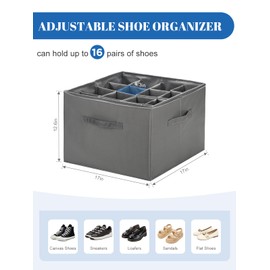 Temary Shoe Organizer for Closet, Fabric Adjustable Dividers for Shoe Storage Shoe Bins with Clear Cover, Storage Basket for Shoes Entryway with Handles Fits Up to 16 Pairs-Grey