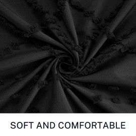 Extra Long Black Woven Fabric Boho Shower Curtain with Tassels 72 x 80 Modern Farmhouse Minimalist, Tufted Chevron Textured Striped Shabby Chic, Water Resistant Cloth Curtain for Bathroom, Hotel Decor