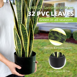 KOL 3ft Artificial Snake Plant Fake Sansevieria Indoor Decoration, 32 Thick Leaves Lifelike Faux Silk Plant, Home Garden Decor Mother in Law Tongue Plant 35in, Fake Sansevieria Faux Potted, Yellow