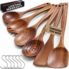 PriorityChef Wooden Spoons for Cooking, Premium 6pc Teak Wood Utensil Set with Hanging Hooks