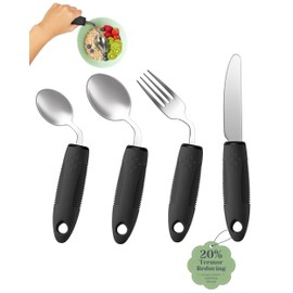 CuraVita Adaptive Utensils Set (4-Piece) – 42° Angled, 3 oz Weighted Silverware for Parkinson's, Hand Tremors and Arthritis – Easy-Grip Ergonomic Eating Aids (Right-Handed)