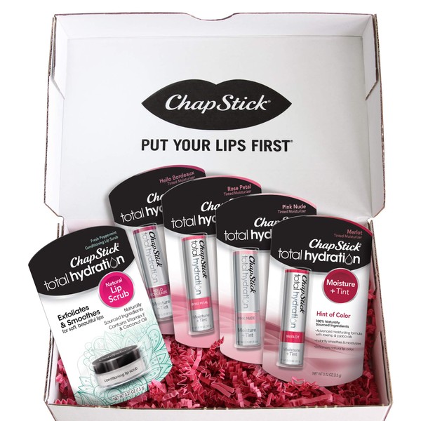 Chapstick Total Hydration Tinted Lip Moisturizer & Scrub Regimen Pack (5 Items), Tinted Moisturizers - Four Colors, Lip Scrub - Great Gifts for Women Exfoliate + Hydrate Tint Variety Pack, Gift Set 2