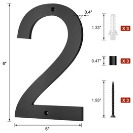 Takytao 8 Inch house numbers for outside, Large Modern Black House Numbers Floating Acrylic Door Numbers with Nail Kits, Easy to Install for Exterior House Address Mailbox Garage Street Yard(Number 2)