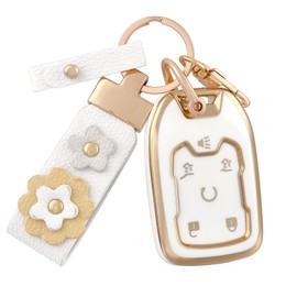 OFF WE GO for Chevy Key Fob Cover with Leather Kechain, Soft TPU Protector Key Fob Case Compatible with Chevy Suburban Tahoe GMC Terrain Acadia Yukon Yukon XL Sierra (Gold White)