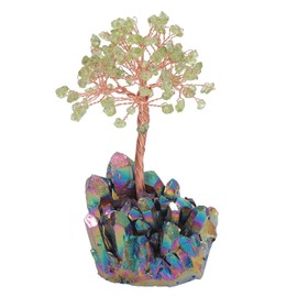Cheungshing Peridot Crystal Tree with Rainbow Titanium Crystals Base, Healing Reiki Money Bonsai for Home Office Desk Decor