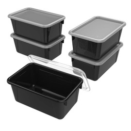 Storex Small Cubby Bins – Plastic Storage Containers for Classroom with Non-Snap Lid, 12.2 x 7.8 x 5.1 inches, Black, 5-Pack (62463U05C)