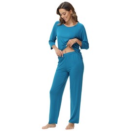 WiWi Womens Pajama Set 3/4 Sleeve Pajamas Crewneck Sleepwear Sets Viscose from Bamboo Loungewear Pjs with Pocket S-XXL, Teal Blue, XX-Large