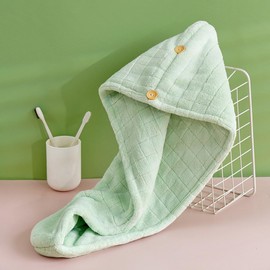 Women's Dry Hair Hat, Thickened Double-Layer Quick-Drying Coral Fleece Dry Hair Towel for Girls, Super Absorbent Turban Bath. (Green)