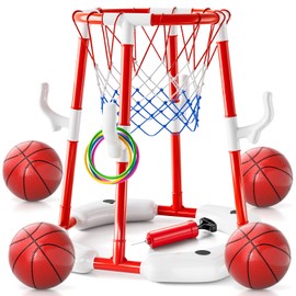 Pool Basketball Hoop Toys for Kids Ages 4-8 8-12 Adult, Summer Outdoor Swimming Pool Games Water Play Toys Family Party for Teens, 2in1 Pool Basketball Hoop & Rings Game with 4 Balls 12 Rings and Pump