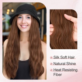 SEGO Bucket Hat Wig Long Natural Wavy Hair Extensions With Hat Heat Resistant Synthetic Fiber Extensions 18 Inch 012 Hat with Hair Attached for Women