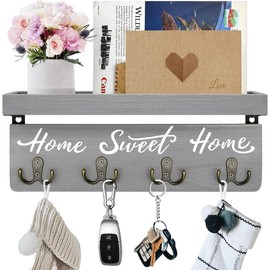 Key Holder Wall-Mounted Key and Mail Holder, Wooden Key Rack Key Holder for Wall with 4 Double Key Hooks, Rustic Wall Home Decor for Entryway(Gray) Shelves - Color: Gray