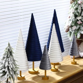 Hoolerry 6 Pcs Christmas Velvet Trees with Gold Pedestal Christmas Velvet Cones Tree Mantel Decor Modern Rustic Winter Home Minimalist for Holiday Entryway Table Wedding Centerpiece(Dusty Blue)