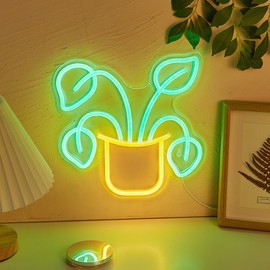 LED Neon flower Cute Neon Sign, USB Powered Neon Signs Night Light, 3D Wall Art & Game room Bedroom Living Room party Decor lamp for Children Kids Girls Boys (Green, golden yellow)