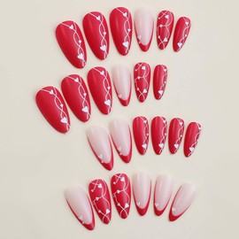 Medium Almond Press on Nails Valentine's Day Fake Nails Heart with Line Design French Tip False Nails Red Acrylic Full Cover Nails Artificial Nails Stick on Nails for Women Manicure Decoration 24Pcs