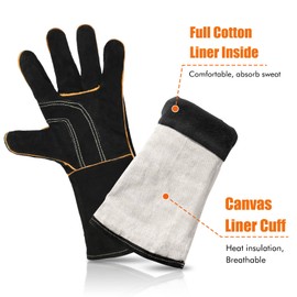 LeaSeek Leather barbecue gloves, Heat/Fire Resistant Forge Welding Gloves,Mitts for Fireplace,BBQ,Welder,Grill,Oven,Stove,Tig,General Utility Work Gloves (14-inch, Black)