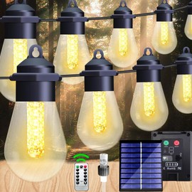 Honche 48FT Solar Outdoor String Lights, Weatherproof Patio Lights with USB Port & Remote Control, 8 Light Modes Hanging Lights with 20 Shatterproof Warm White Bulbs for Backyard Porch Party Decor