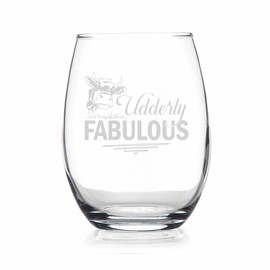 YmeerGifts Udderly Fabulous Stemless Wine Glass - Funny Cute Cow Gifts For Women - Cow Wine Glass - Farmhouse Gift - Gift For Friend - Etched Sayings - Cow Lover Gift, 15oz, Transparent
