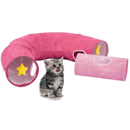 PAOPO Cat Tunnel, Large Indoor Durable Collapsible Interactive Cat Tube with Peek-A-Boo Hole, Hanging Toys, and Crinkly Paper Lining - Cute Tunnel for Cats, Kittens, Puppies & Rabbits, Pink