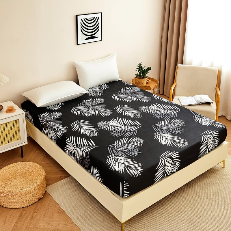 Jemiipee Super King Fitted Sheet Black Tropical Leaves Pattern, 30