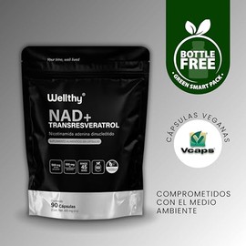 Wellthy NAD+ y Resveratrol 90 Caps. Nicotinamide Adenine Dinucleotide, transresveratrol de Alta Biodisponibilidad, 1000mg Por Porción, VCaps Cápsulas Veganas, Bottle Free.