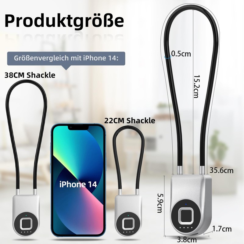 Anweller Fingerprint Cable Lock, Padlock with 38 cm Steel Cable,