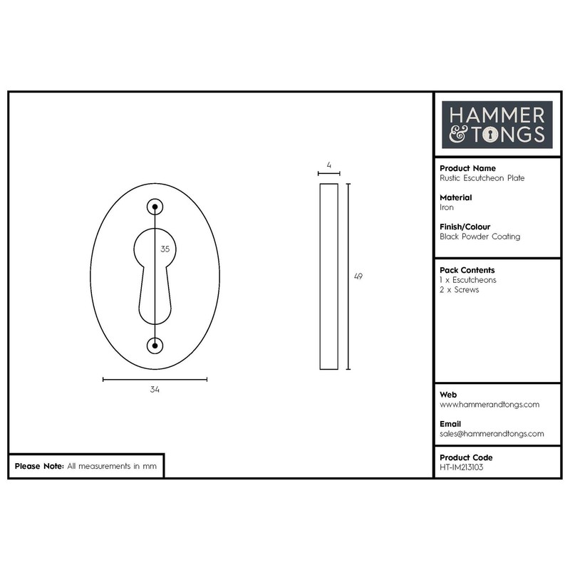 Hammer and Tongs - Rustic Escutcheon Plate - W35mm x