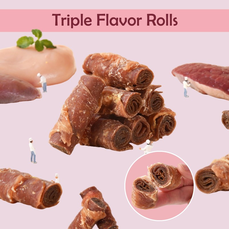 ASMPET Dog Treats Triple Flavor Chicken Wrapped Duck Beef Rolls