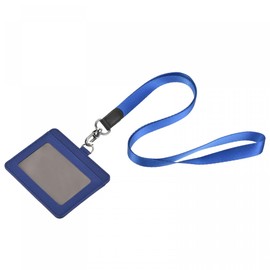 sourcing map Badge Holder 10.4cm Horizontal PU Leather ID Holder with 2 Card Slots and Detachable Neck Lanyard Dark Blue for ID Name Tag Access Card