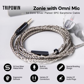 Linsoul Tripowin Zonie HiFi In-Ear Monitor Upgrade Cable, with Omni Mic, 16-Core Silver-Plated SPC Earphone Cable, Type-C/3.5mm Options, 1.25m SPC Tangle-Free Wire for Audiophiles(Typec,Recessed 2Pin)