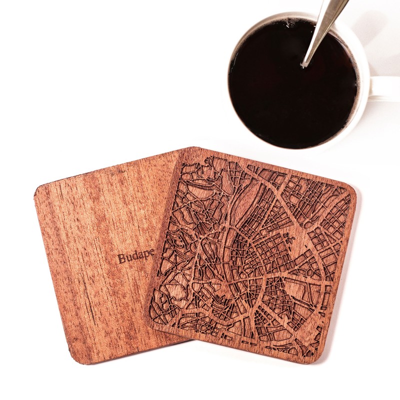 Budapest Map, Sapele Wood Coasters, Set of 4 with City