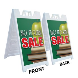 A-Frame Sidewalk Back to School Sale 24" x 36" Double Sided A-Frame Sidewalk Sign, Includes 2 Installed Vinyl Decals | Foldable Portable White Signicade Sandwich Board Signs