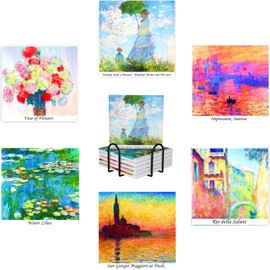 Monet Impression Sunrise Drinks Absorbent Coasters with Holder Set of 6, Coffee Table Decor, Ceramic Stone Coaster with Cork Base Tabletop Protection Mat for Mugs and Cups,Office,Kitche
