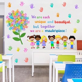 Watercolor Handprint Tree Wall Stickers, Classroom Students Together Vinyl Wall Decals, Removable Hands Tree DIY Wall Art for Kindergarten Preschool School Decor