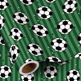 RUSPEPA Soccer Wrapping Paper Roll for Boys, Mini Roll, Classic Black and White Soccer Ball Pattern, Green Sports Gift Wrap Paper for Birthday, Team Party, Coach Gifts, 17 Inches x 16.4 Feet
